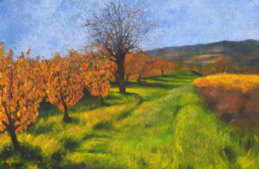 Painting titled "Paysage provencal,…" by Renand, Original Artwork, Oil Mounted on Wood Stretcher frame