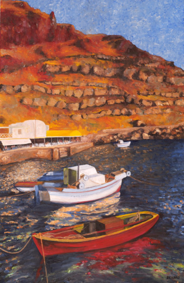 「Port de Oia, Oia's…」というタイトルの絵画 Renandによって, オリジナルのアートワーク, オイル