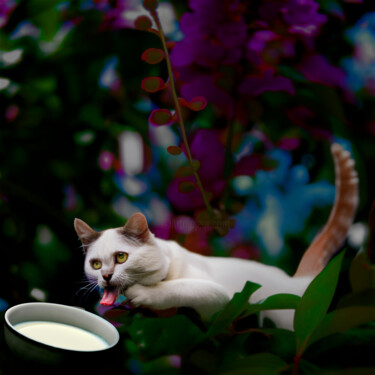 "cat and milk" başlıklı Fotoğraf Jose Americo Jsilvares tarafından, Orijinal sanat, Fotoşoplu fotoğrafçılık