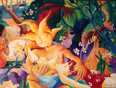 Malerei mit dem Titel "Près de la cascade" von Jsroosenys, Original-Kunstwerk, Acryl