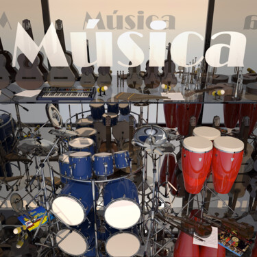 「LA TIENDA DE MUSICA」というタイトルのデジタルアーツ Juan Aguirreによって, オリジナルのアートワーク, 3Dスカルプティング ウッドパネルにマウント