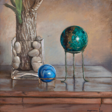 Painting titled "Esferas azul y verde" by Juan Álvarez Cebrián, Original Artwork, Oil Mounted on Wood Panel