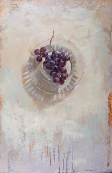 Painting titled "Plato con uvas rojas" by Juan Álvarez Cebrián, Original Artwork, Oil Mounted on Wood Panel