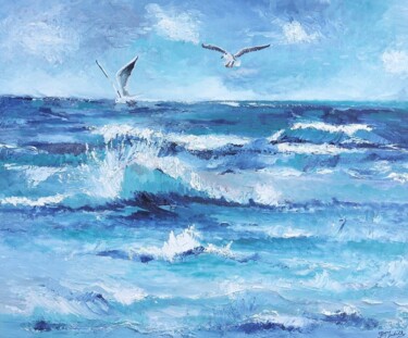 Painting titled "Mer agitée" by Judith Hassan, Original Artwork, Oil Mounted on Cardboard
