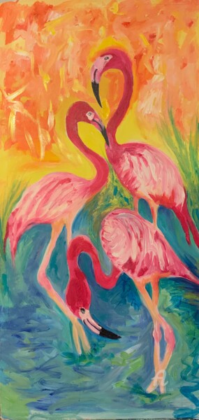 Ζωγραφική με τίτλο "Drinking Flamingos" από Judydcreates, Αυθεντικά έργα τέχνης, Ακρυλικό