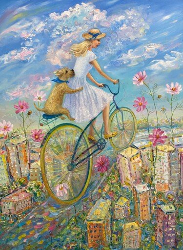 Ζωγραφική με τίτλο "Bicycle rider" από Julia Abramoshvili, Αυθεντικά έργα τέχνης, Λάδι Τοποθετήθηκε στο Ξύλινο φορείο σκελετό