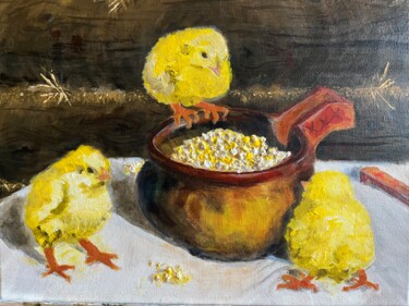 Painting titled "Nimble chickens / P…" by Julia Bocharova, Original Artwork, Acrylic Mounted on Wood Stretcher frame