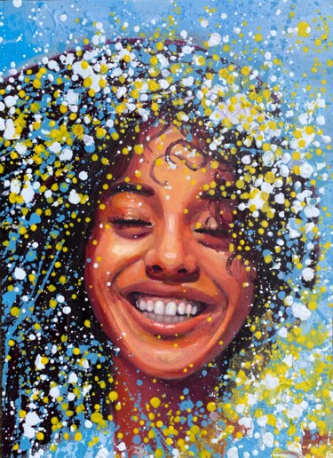 Painting titled "Happy young woman p…" by Julia Brinkfrau, Original Artwork, Oil