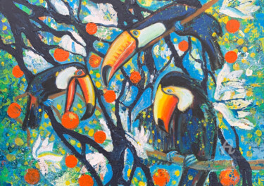 Schilderij getiteld "Toucans colorful pa…" door Julia Brinkfrau, Origineel Kunstwerk, Acryl