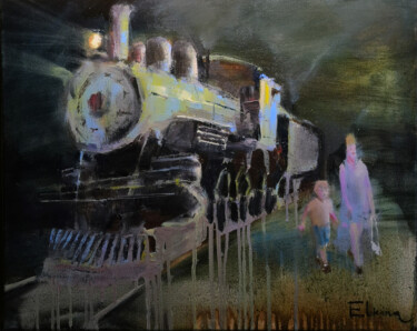 Schilderij getiteld "Night train" door Julia Elkina, Origineel Kunstwerk, Olie