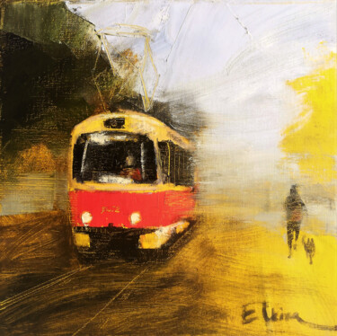 Malarstwo zatytułowany „Autumn tram” autorstwa Julia Elkina, Oryginalna praca, Olej