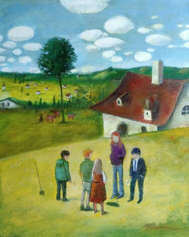 Painting titled "Children bury a pet" by Julia Elkina, Original Artwork, Oil