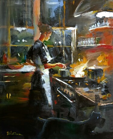 Картина под названием "The kitchen" - Julia Elkina, Подлинное произведение искусства, Масло