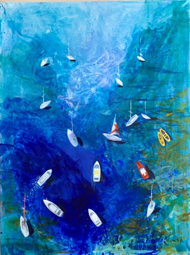 Schilderij getiteld "Boats.1" door Julia Hacker, Origineel Kunstwerk, Acryl Gemonteerd op Frame voor houten brancard