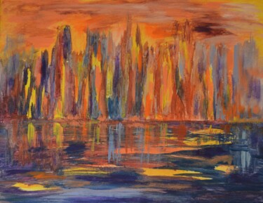 Pintura intitulada "Orange Skyline, Abs…" por Julia Leon, Obras de arte originais, Acrílico Montado em Armação em madeira