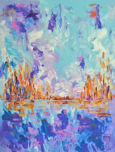 Painting titled "City, Reflections." by Julia Leon, Original Artwork, Acrylic Mounted on Wood Stretcher frame
