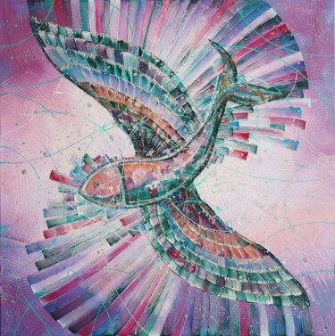 Schilderij getiteld "Flying Fish" door Julia Ptl, Origineel Kunstwerk, Olie Gemonteerd op Frame voor houten brancard