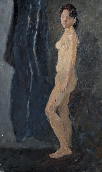 Painting titled "Nude on blue" by Julia Skrypnyk, Original Artwork, Oil