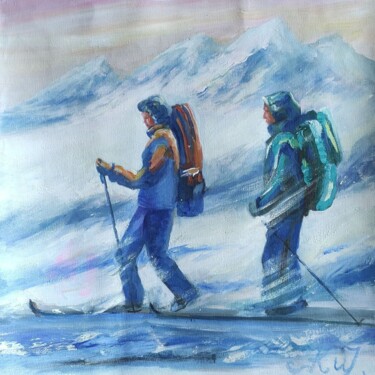 Pittura intitolato "Men on skis among S…" da Julia Vedrina, Opera d'arte originale, Olio