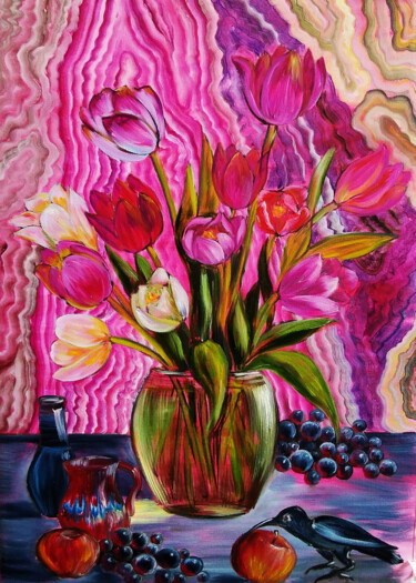 Pittura intitolato "Purple tulips on a…" da Julia Crystal, Opera d'arte originale, Olio