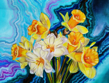 Pintura intitulada "First spring flower…" por Julia Crystal, Obras de arte originais, Óleo Montado em Armação em madeira