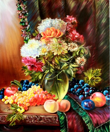 Pintura intitulada "Still life of a bou…" por Julia Crystal, Obras de arte originais, Óleo Montado em Armação em madeira