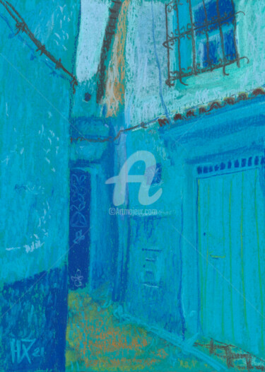 Pintura intitulada "Blue Street, Chefch…" por Julia Khoroshikh, Obras de arte originais, Pastel