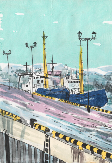 Colagens intitulada "Two Ships, Winter L…" por Julia Khoroshikh, Obras de arte originais, Tinta