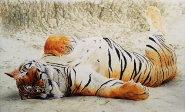 Malerei mit dem Titel "Tigers Siesta" von Julian Wheat, Original-Kunstwerk, Acryl