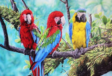 Ζωγραφική με τίτλο "Scarlet Macaws and…" από Julian Wheat, Αυθεντικά έργα τέχνης, Ακρυλικό