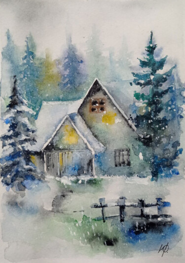 Pintura intitulada "House in the woods" por Juliaresha, Obras de arte originais, Aquarela