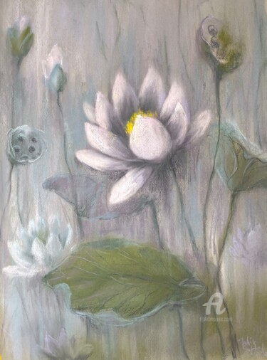 Drawing titled "Misty lotus lake" by Julia Suptel, Original Artwork, Pastel