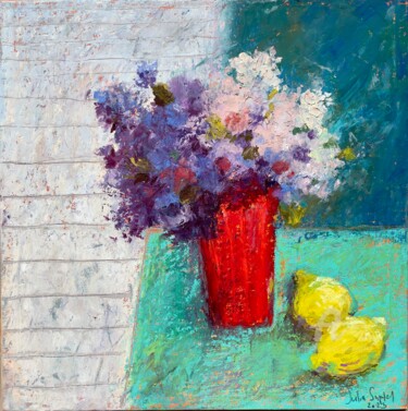 Painting titled "Lemons and flowers" by Julia Suptel, Original Artwork, Pastel Mounted on Cardboard
