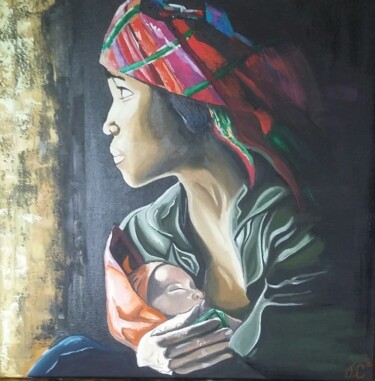 Painting titled "Femme Hmong et son…" by Julie Coudret Carrasco, Original Artwork, Oil Mounted on Wood Stretcher frame