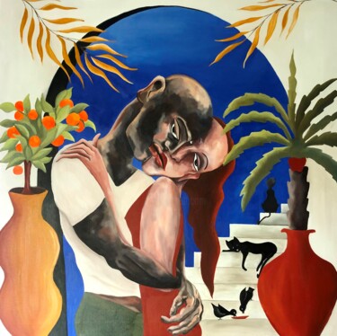 Картина под названием "ETREINTE A NERJA" - Julie Coudret Carrasco, Подлинное произведение искусства, Масло Установлен на Дер…