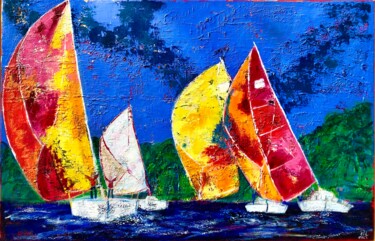 Painting titled "Toutes voiles dehors" by Julie D'Aragon, Original Artwork, Oil Mounted on Wood Stretcher frame