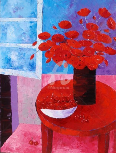 Painting titled "" Le Géridon Rouge "" by Julie Pioch, Original Artwork, Oil