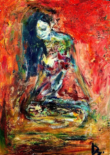 Schilderij getiteld "Nue femme rouge" door Julien Danaux (Artdanaux), Origineel Kunstwerk, Aquarel