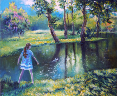 Malerei mit dem Titel "The girl and paper…" von Julija Demenkova, Original-Kunstwerk, Öl