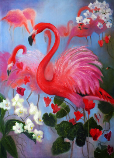 Schilderij getiteld "Flamingos and flowe…" door Julija Demenkova, Origineel Kunstwerk, Olie