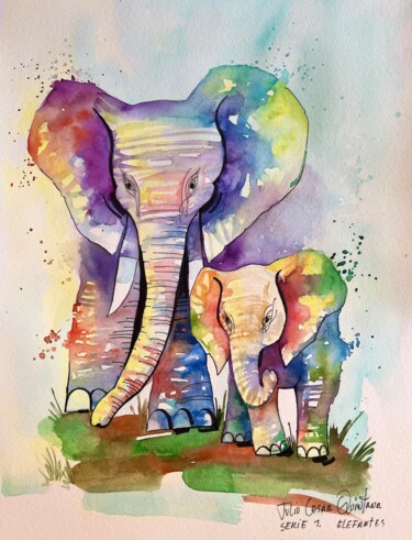 Pintura intitulada "Elefantes en Armonía" por Julio Cesar Quintana Borroto, Obras de arte originais, Aquarela
