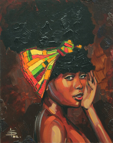 Painting titled "African American Wo…" by Juliya Fedotova, Original Artwork, Oil Mounted on Cardboard
