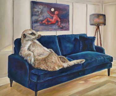Painting titled "Meerkat At Home" by Jura Kuba, Original Artwork, Oil Mounted on Wood Stretcher frame