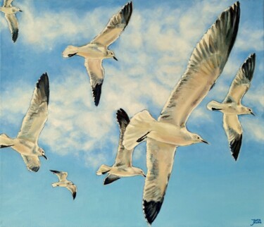 Painting titled "Seagulls" by Jura Kuba, Original Artwork, Oil Mounted on Wood Stretcher frame