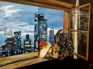 Painting titled "Frankfurt Hahn" by Jura Kuba, Original Artwork, Oil Mounted on Wood Stretcher frame