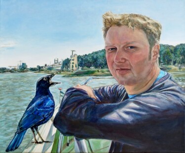 Painting titled "Portrait With A Blu…" by Jura Kuba, Original Artwork, Oil Mounted on Wood Stretcher frame