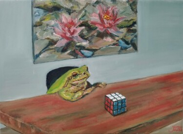 Painting titled "Frog At The Table,…" by Jura Kuba, Original Artwork, Oil Mounted on Wood Stretcher frame