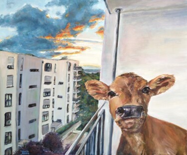 Malerei mit dem Titel "Cow On The Balcony…" von Jura Kuba, Original-Kunstwerk, Öl Auf Keilrahmen aus Holz montiert