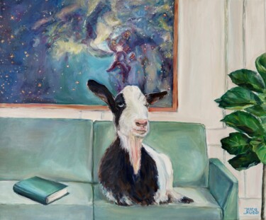 Painting titled "Goat At Home - Funn…" by Jura Kuba, Original Artwork, Oil Mounted on Wood Stretcher frame