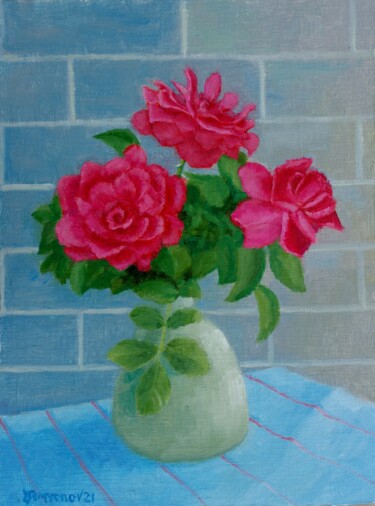 Peinture intitulée "Summer Garden Roses…" par Juri Semjonov, Œuvre d'art originale, Huile